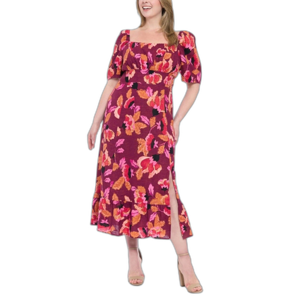 Clover And Sloane Womens Magenta Floral Linen-Blend Puff Sleeve Midi Dress 22W